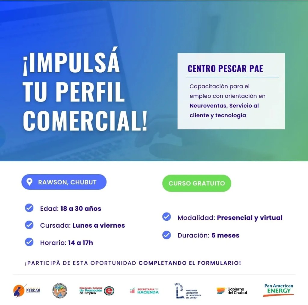 Rawson, Centro Pescar PAE, Pan American Energy, Fundación Pescar, capacitaciones laborales, jóvenes, inserción laboral, servicio al cliente, neuroventas, tecnología, empleo, Vanina Castaño, Rawson, Chubut, octubre 2024