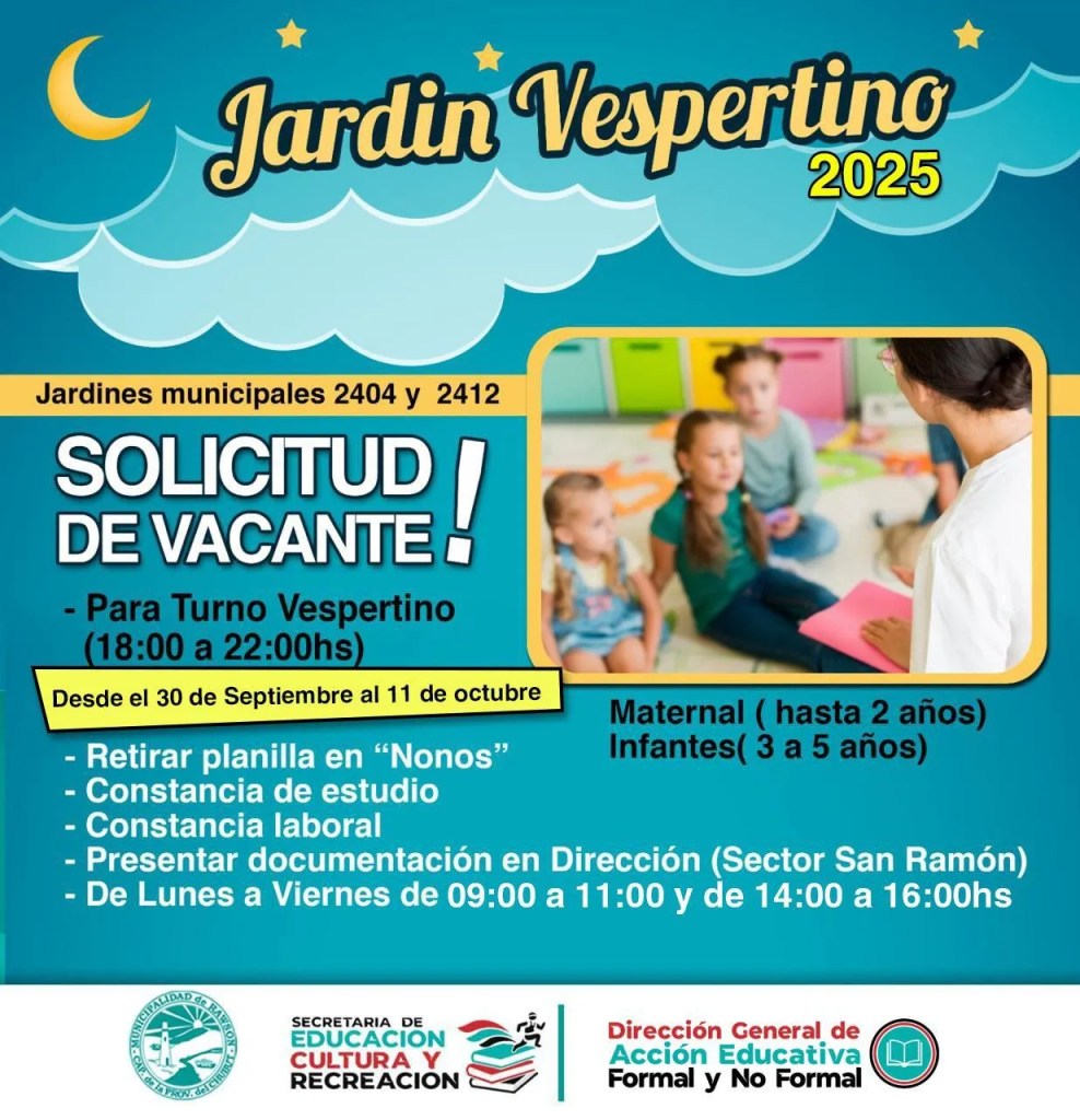 inscripciones 2025, Jardín Municipal, barrio San Ramón, Mariela Tamame, educación infantil, Chubut, ciclo lectivo, maternal, sala de 3, 4, 5 años, turno vespertino, documentos requeridos, padres, madres, tutores, Ministerio de Educación, empleados municipales