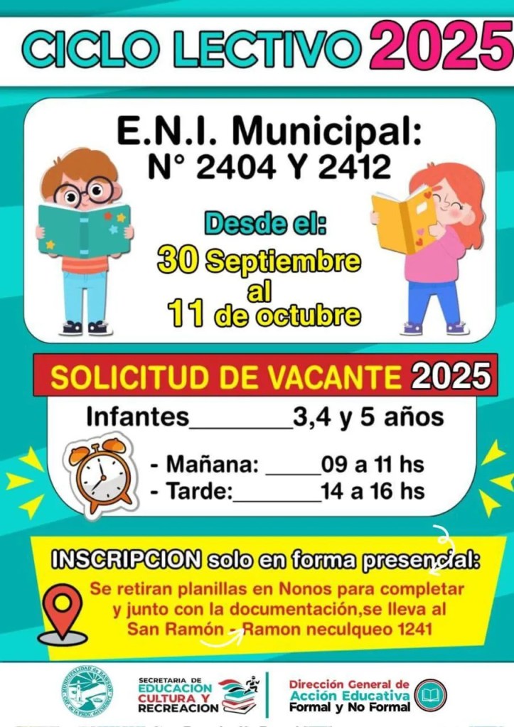 inscripciones 2025, Jardín Municipal, barrio San Ramón, Mariela Tamame, educación infantil, Chubut, ciclo lectivo, maternal, sala de 3, 4, 5 años, turno vespertino, documentos requeridos, padres, madres, tutores, Ministerio de Educación, empleados municipales