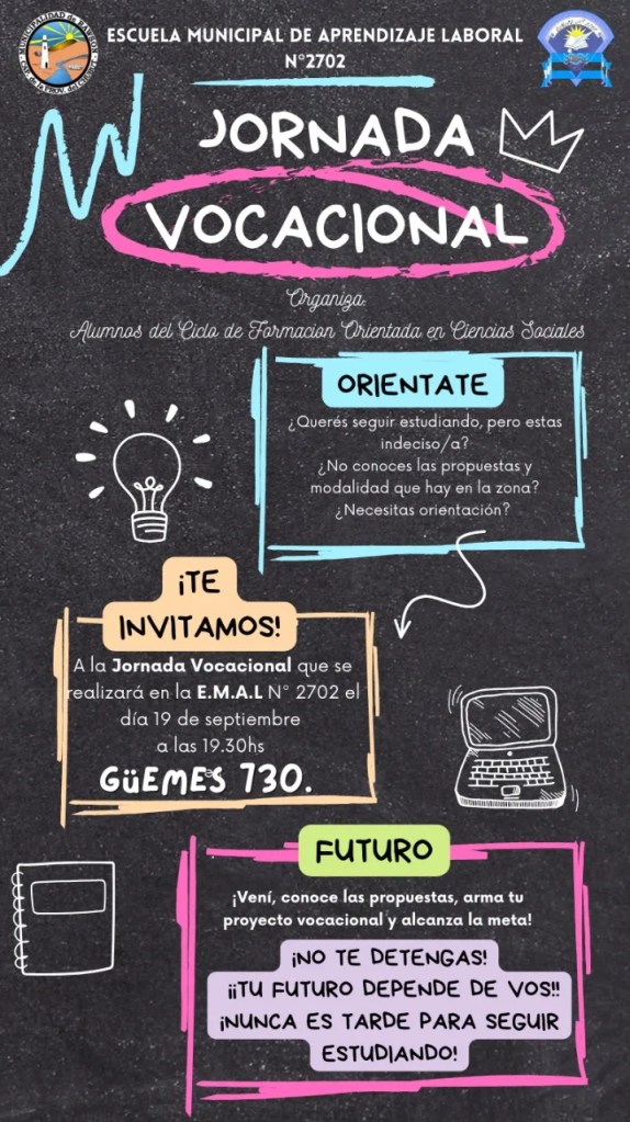 Rawson, orientación vocacional, estudiantes, graduados, futuro profesional, opciones educativas, Universidad del Chubut, Universidad Siglo 21, EMAL, formación profesional, carreras universitarias, talleres vocacionales, apoyo estudiantil, oferta académica, decisiones ocupacionales