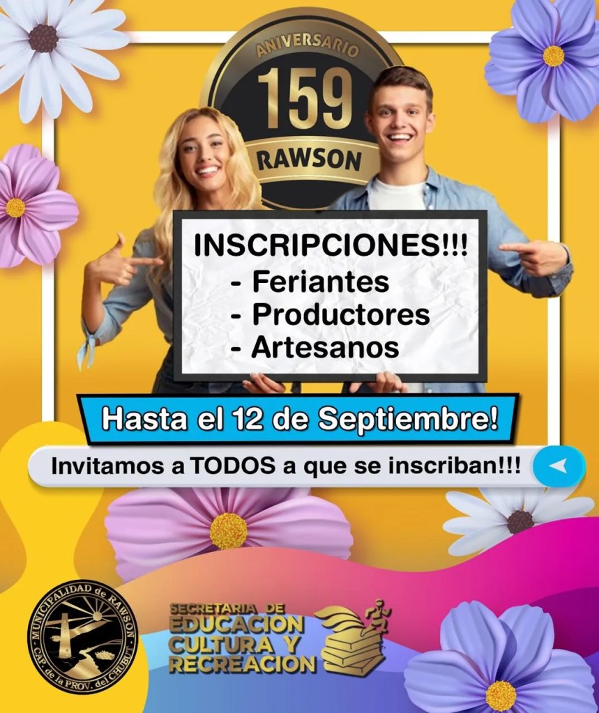 Festival Aniversario Rawson, 159 aniversario Rawson, Pista de Atletismo Rawson, Los Palmae, shows en Rawson, food trucks Rawson, feriantes Rawson, Daniel Tamame, eventos en Rawson, Expo Capital de Productores, Club Deportivo Roca, Defensores de la Ribera, cultura en Rawson, actividades familiares, feria de emprendedores Rawson, gastronomía Rawson