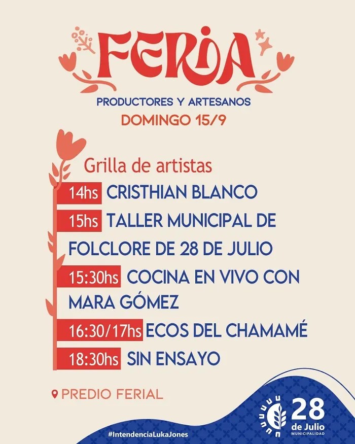 Feria de productores, artesanos, 28 de Julio, Valle Inferior del Río Chubut, gastronomía local, música en vivo, folclore, cocina en vivo, Fiesta del Novillito, eventos, turismo, cultura, Mara Gómez, Cristhian Blanco, Ecos del Chamamé, Sin Ensayo, entrada gratuita