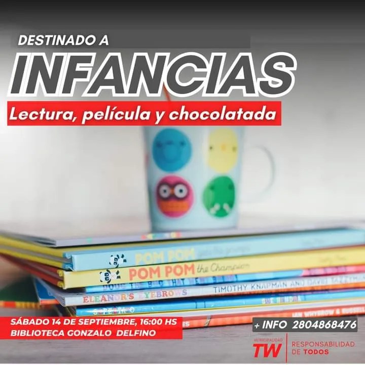 Día de las Infancias, Trelew, biblioteca Gonzalo Delfino, Coordinación de Políticas Inclusivas, actividades para niños, lectura, proyección de películas, chocolatada, inclusión, infancia, comunidad, barrio Progreso, respeto, juegos, actividades recreativas, programa municipal