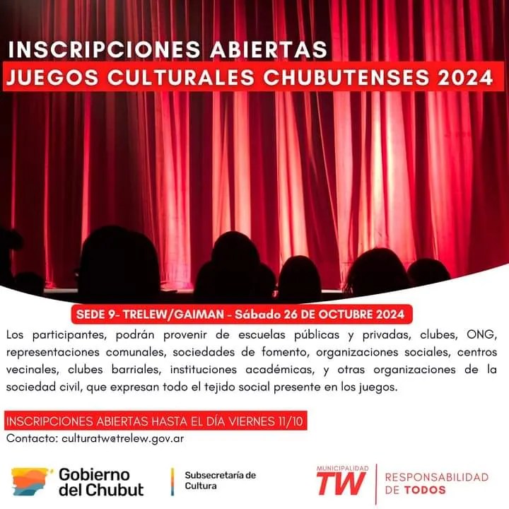 Juegos Culturales 2024, Trelew, cultura, jóvenes talentos, música, danza, teatro, artes visuales, inscripción, artistas jóvenes, PCD, convocatoria artística, expresión artística, freestyle, fotografía, malambo, arte juvenil