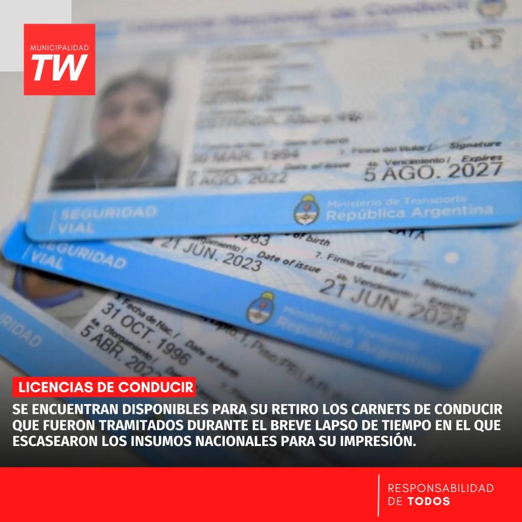 carnets de conducir, Trelew, escasez de insumos, trámites municipales, licencias de conducir, retiro de carnets, Municipalidad de Trelew, insumos nacionales, trámites en Trelew, servicios municipales, documentación, tránsito en Trelew, renovación de licencias, trámites administrativos, noticias Trelew