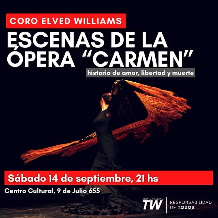 Carmen, ópera, Centro Cultural Trelew, Coro Elved Williams, UTN Puerto Madryn, León Berlot, Fernanda Defea, Don José, Escamillo, Micaela, Matías Rojas, Jessica Fernández, Agustín Ardito, Carlos Ghiglione, María Luz Meroño, entradas a la venta