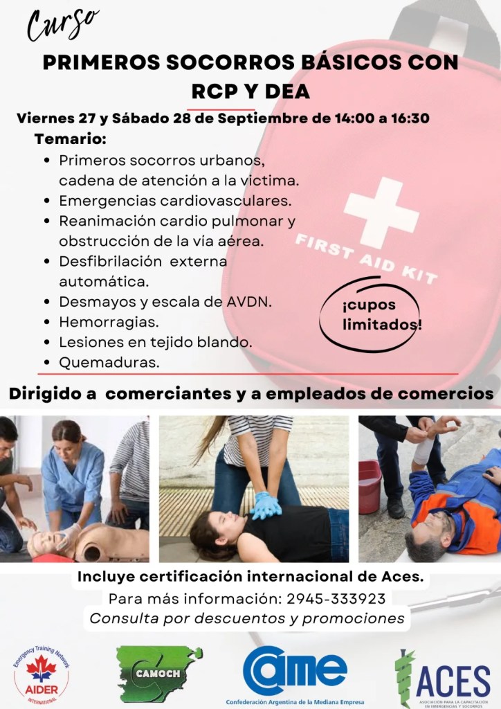 CAMOCH, primeros auxilios, RCP, DEA, curso Esquel, comerciantes, empleados de comercio, emergencias, salud, capacitación, desfibrilador, primeros socorros, certificación internacional, ACES, seguridad, reanimación