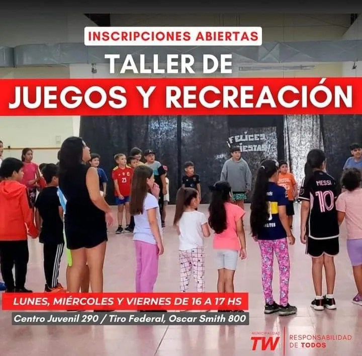 taller de juegos, recreación infantil, Trelew, barrio 290/Tiro Federal, Ariel Gibbon, Centro Juvenil, inscripción abierta, juegos al aire libre, juegos de mesa, educación física, actividades recreativas, tiempo libre, niños, actividades municipales, diversión segura, talleres infantiles
