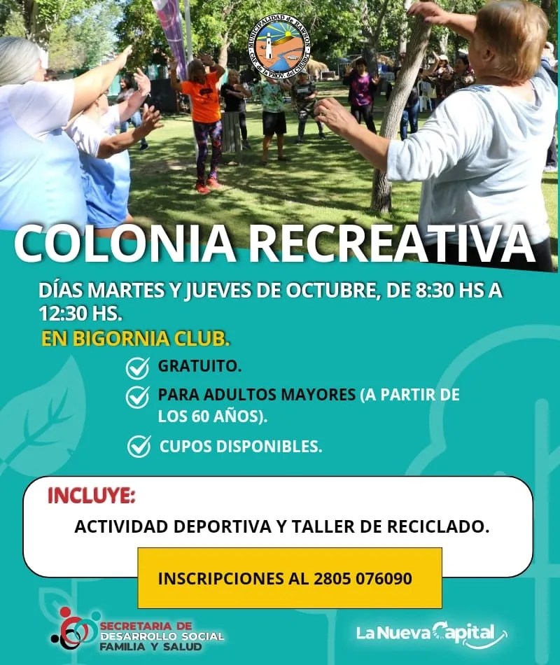 Rawson, colonia recreativa, adultos mayores, actividades recreativas, Mirna Vallejos, Secretaría de Desarrollo Social, actividades para mayores, recreación en Rawson, bienestar social, deportes para mayores, inclusión social