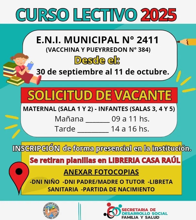 inscripciones escolares, ciclo lectivo 2025, Jardín Municipal N.° 2411, doble jornada escolar, educación inicial, Rawson, María Belén González, niños 1 a 5 años, requisitos inscripción, Casa Raúl, sala maternal, desayuno y almuerzo, nivel inicial, educación en Chubut, alta demanda escolar