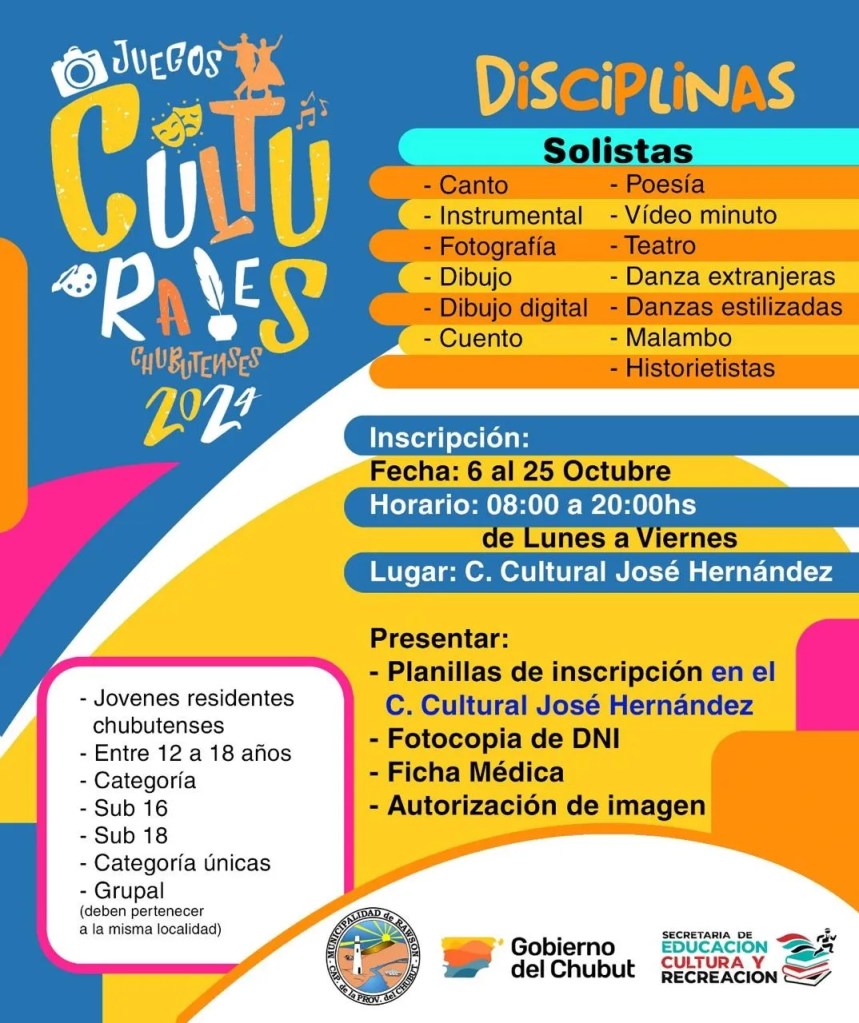 Juegos Culturales Chubutenses 2024, Rawson, Daniel Tamame, cultura joven, Subsecretaría de Cultura de Chubut, Centro Cultural José Hernández, inscripción jóvenes, categorías solistas y grupales, talento chubutense, arte y cultura, danzas tradicionales, canto, fotografía, poesía, malambo, jóvenes chubutenses, cultura en Rawson