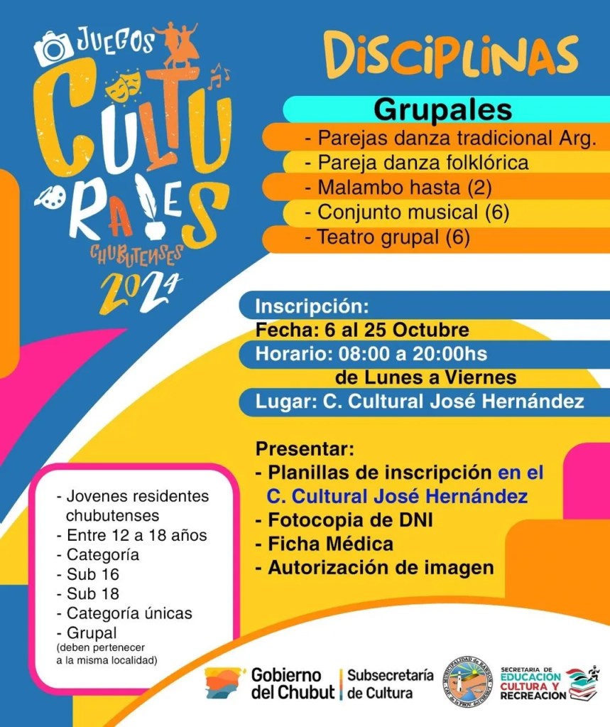 Juegos Culturales Chubutenses 2024, Rawson, Daniel Tamame, cultura joven, Subsecretaría de Cultura de Chubut, Centro Cultural José Hernández, inscripción jóvenes, categorías solistas y grupales, talento chubutense, arte y cultura, danzas tradicionales, canto, fotografía, poesía, malambo, jóvenes chubutenses, cultura en Rawson