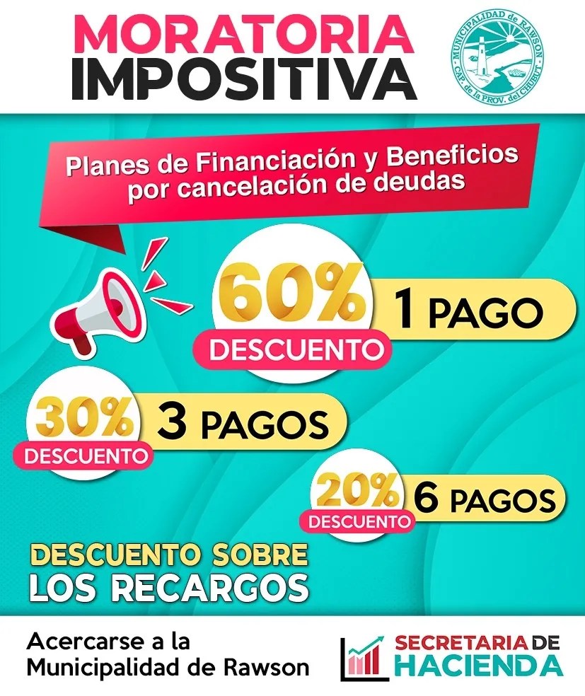 Rawson, impuestos municipales, pago adelantado, descuentos impuestos, Macarena Flamarique, regularización de deudas, Municipalidad de Rawson, facilidades de pago, Hacienda Rawson, tributos municipales, quita de recargos, pago en cuotas, tarjeta Patagonia 365, descuentos Rawson, pagos online, economía local