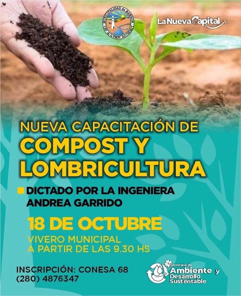 capacitación sobre compost, Vivero Municipal, Rawson, Secretaría de Ambiente, Miguel Larrauri, Andrea Guerrido, INTA, producción local, prácticas sustentables, ciudad sustentable, compostaje, gestión de residuos, ambiente, comunidad de Rawson, cuidado ambiental, desarrollo sustentable