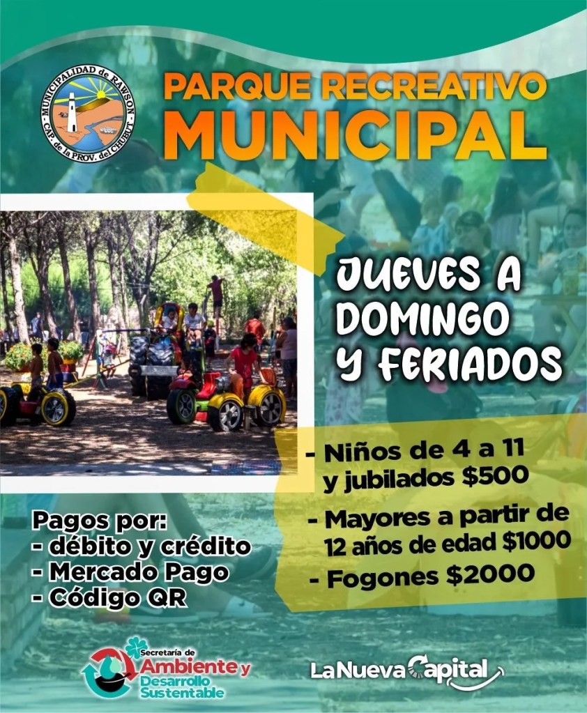 Parque Recreativo Municipal, Rawson, Río Chubut, recreación en familia, fogones, hornos de barro, actividades recreativas, Miguel Larrauri, Secretaría de Ambiente, juegos al aire libre, espacio verde Rawson, eventos en el parque, entrada parque municipal, actividades culturales Rawson, turismo en Rawson