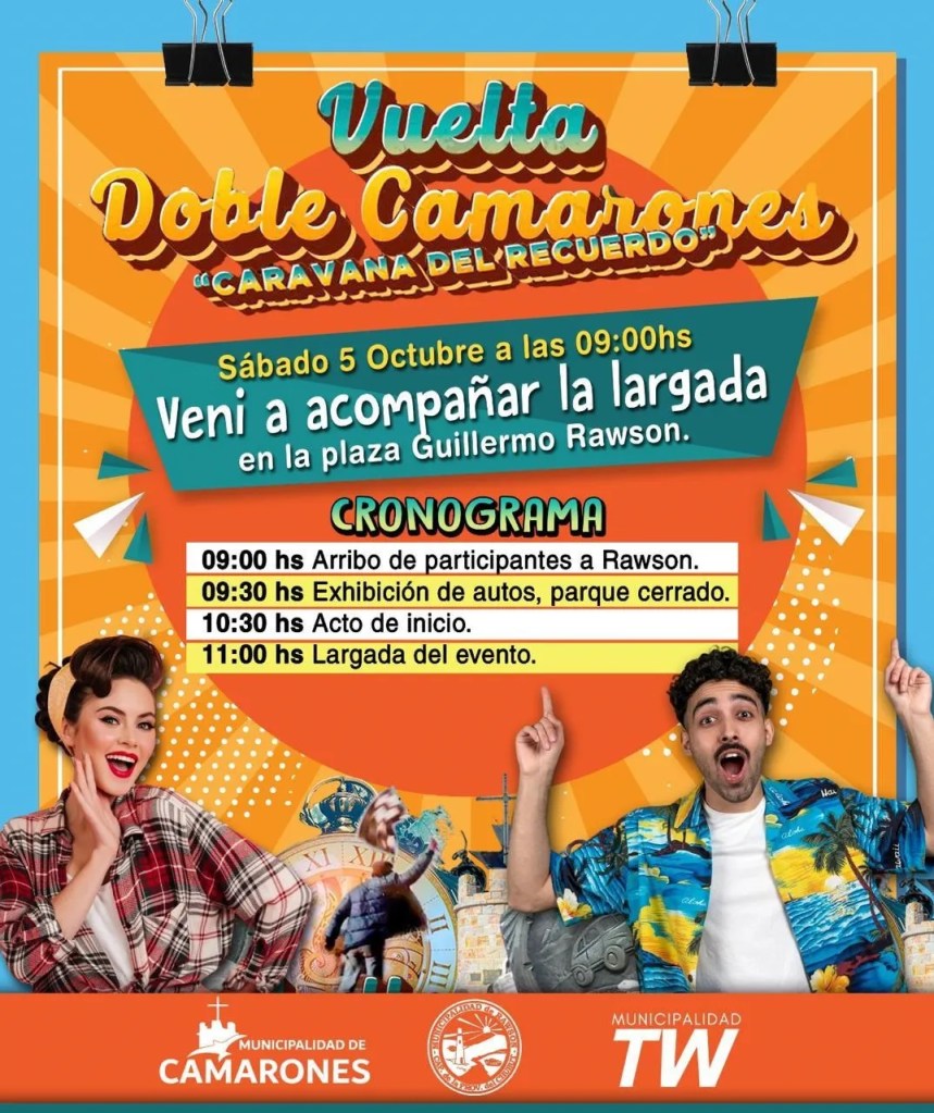 competencia automovilística, Rawson, Trelew, Camarones, Doble Camarones, autos históricos, EMRaTur, Natalia García, carreras clásicas, automovilismo, evento deportivo, exhibición de autos, motos, festival, música, sorteos