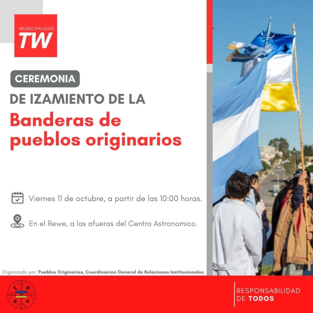 Trelew, pueblos originarios, ceremonia de izamiento, identidad cultural, comunidades originarias, bandera de pueblos originarios, respeto, valores culturales, cosmovisión ancestral, Rewe, integración, Julio Antieco Liem, crecimiento cultural, cultura, ley de apoyo a comunidades originarias, identidad colectiva, Municipalidad de Trelew