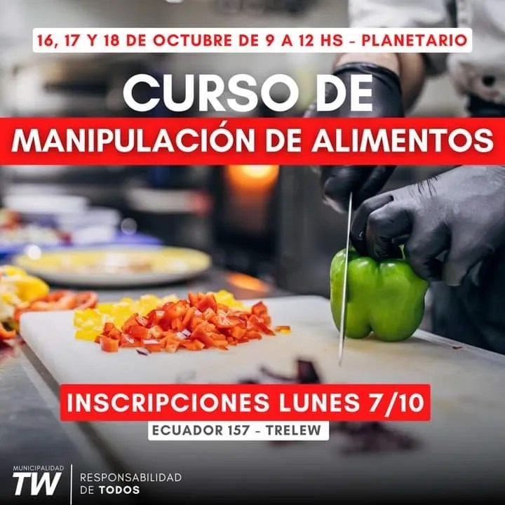 manipulación de alimentos, curso Trelew, prevención enfermedades alimentarias, higiene alimentaria, conservación de alimentos, prácticas seguras, capacitación, Municipalidad de Trelew, normativas alimentarias, ETAs, salud pública, inscripciones Trelew, seguridad alimentaria, preparación de alimentos, contaminaciones alimentarias