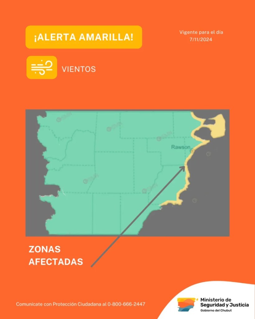alerta amarilla, vientos, Chubut, Servicio Meteorológico Nacional, protección ciudadana, Biedma, Rawson, Florentino Ameghino, seguridad, clima, ráfagas, Ministerio de Seguridad, precauciones, prevención, contingencia, costa de Chubut