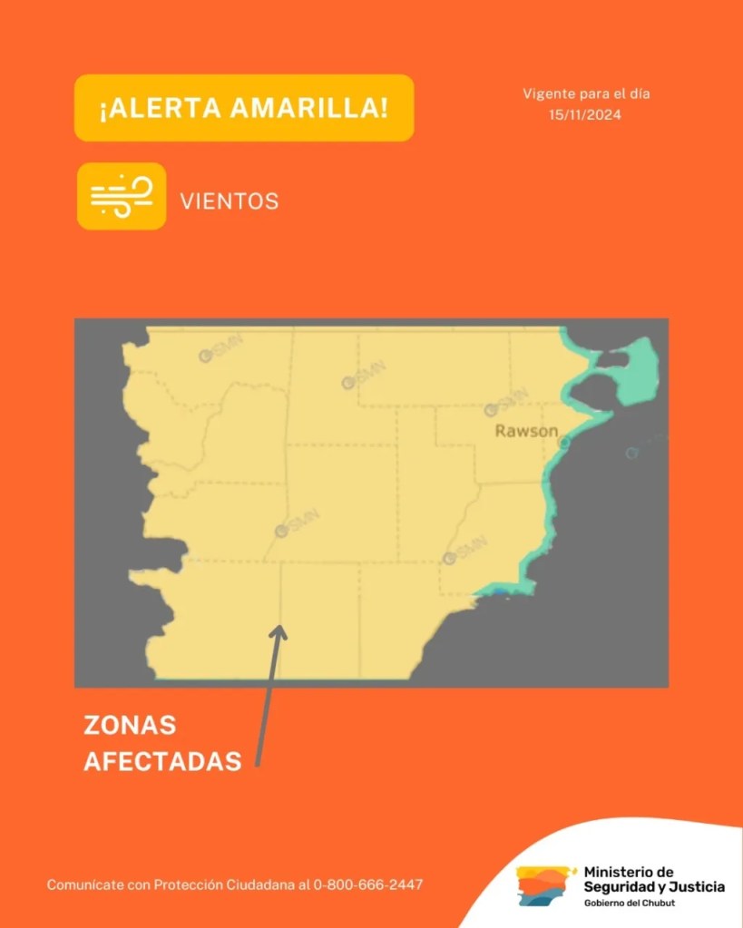 alerta amarilla, Chubut, vientos fuertes, Servicio Meteorológico Nacional, protección ciudadana, seguridad, ráfagas, cordillera, meseta, clima, emergencia, prevención, meteorología, Ministerio de Seguridad, región patagónica