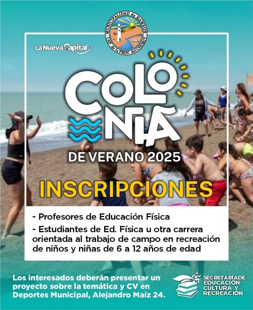 Rawson, Colonia de Vacaciones, Deportes, Gastón Williams, convocatoria, inscripción, docentes, estudiantes de educación física, recreación infantil, verano 2024, equipo de trabajo, proyecto personal, curriculum, municipalidad, actividades recreativas