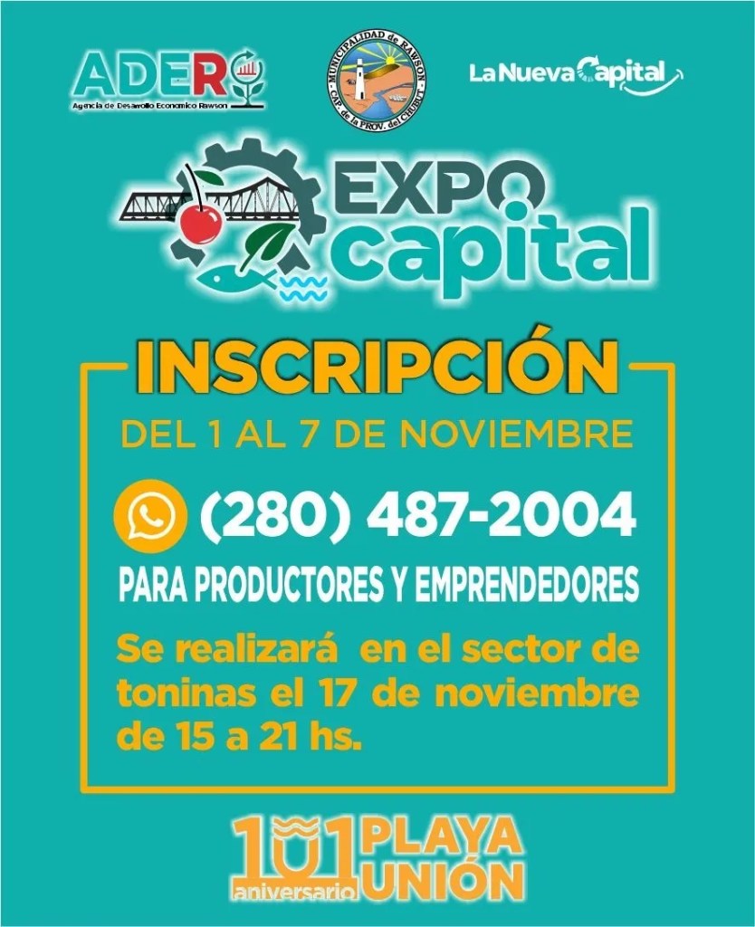 Rawson, Expo Capital de Productores, Playa Unión, 101° aniversario, ADER, Fernando Vosecky, emprendimiento, productores locales, Comarca VIRCH-Valdés, economía, feria, promoción, producción chubutense, inscripción, evento, desarrollo económico
