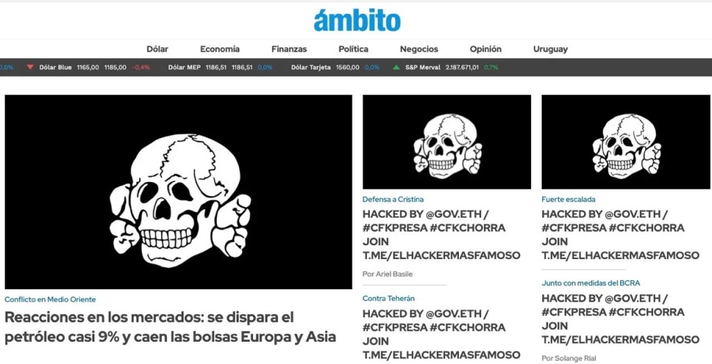 HACKEARON EL SITIO DE ÁMBITO FINANCIERO CON MENSAJES a&nbsp;cfk